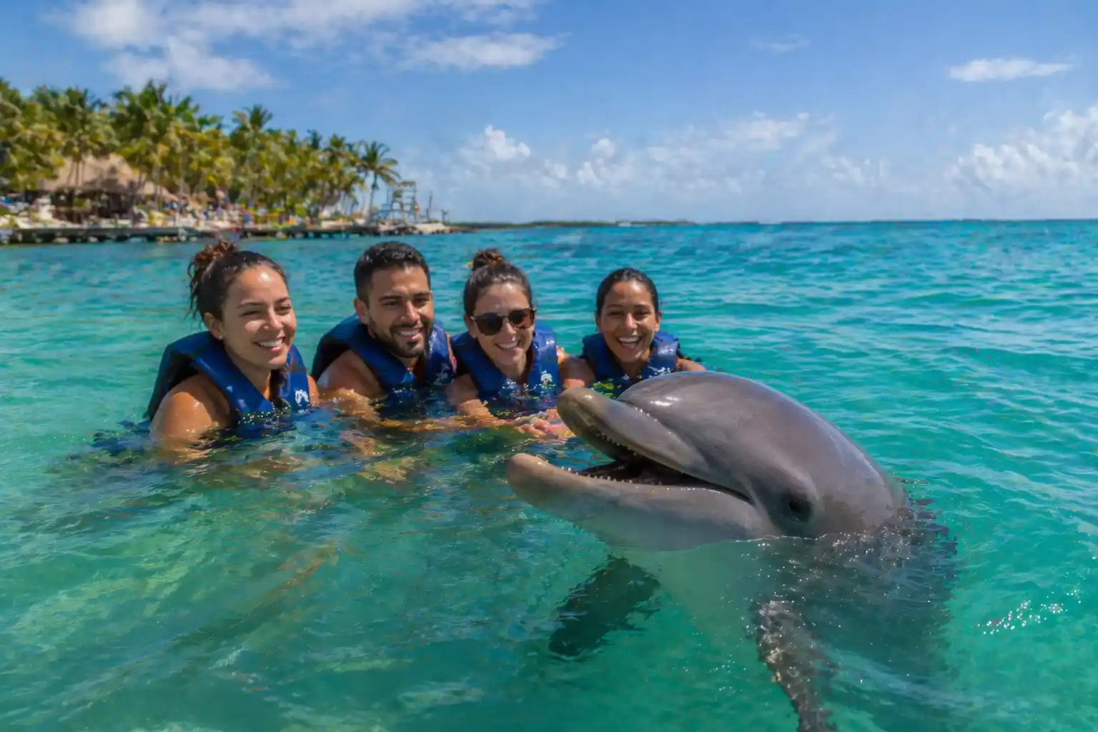 family swimming with a dolphin