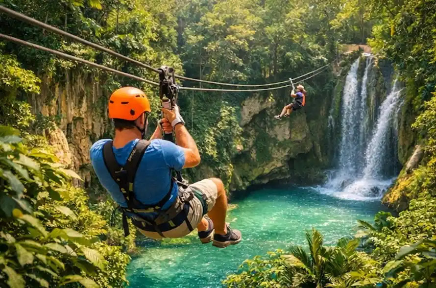a person going down a tiroline